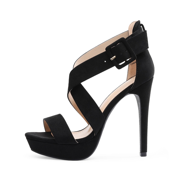 Open Toe Strappy Stiletto Sandals - BLACK SUEDE - 1